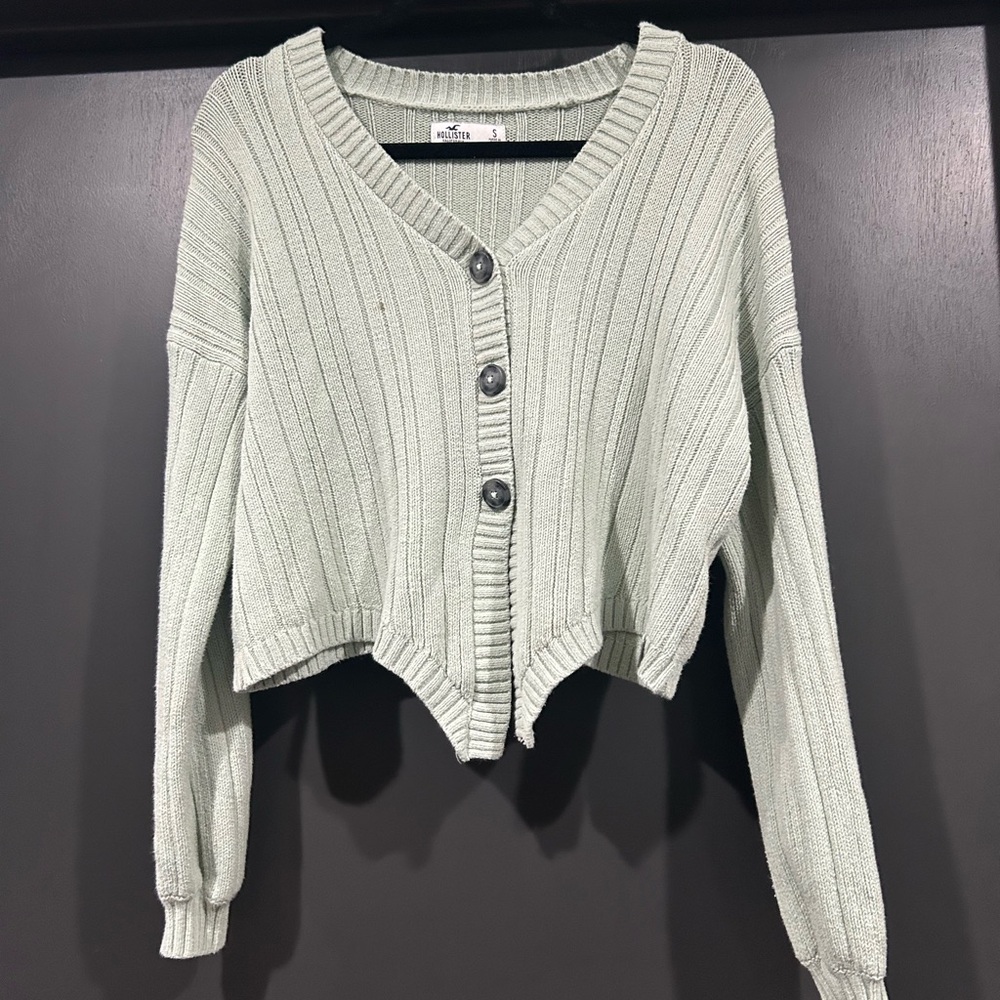 Hollister Light Green Button-Up V-Neck Sweater